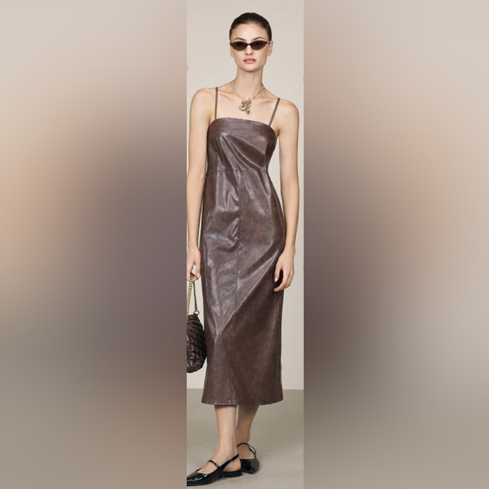 SHEIN Brown Faux-Leather Midi Slip Dress